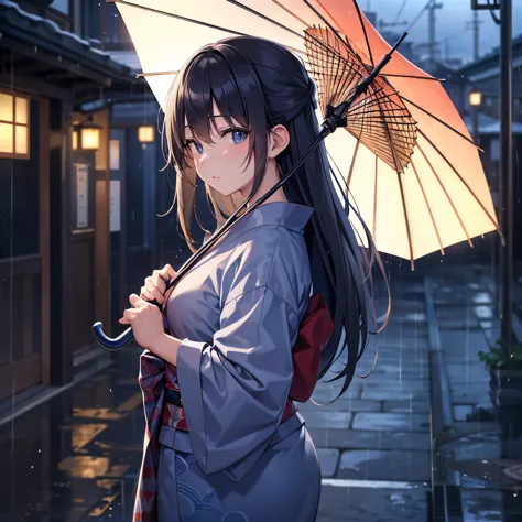 (best quality,8k,highres, masterpiece:1.2), (anime style),ultra-detailed, HDR, UHD, studio lighting, ultra-fine painting, sharp focus, physically-based rendering, extreme detail description, professional, vivid colors, bokeh, portraits, concept artists, warm color palette, dramatic lighting,rainy night,1 beautiful woman,(blue checkered pattern kimono),side view,walking japanese street,twinkled neon sign,Heavy rain, rain shining on neon signs,holding an umbrella,