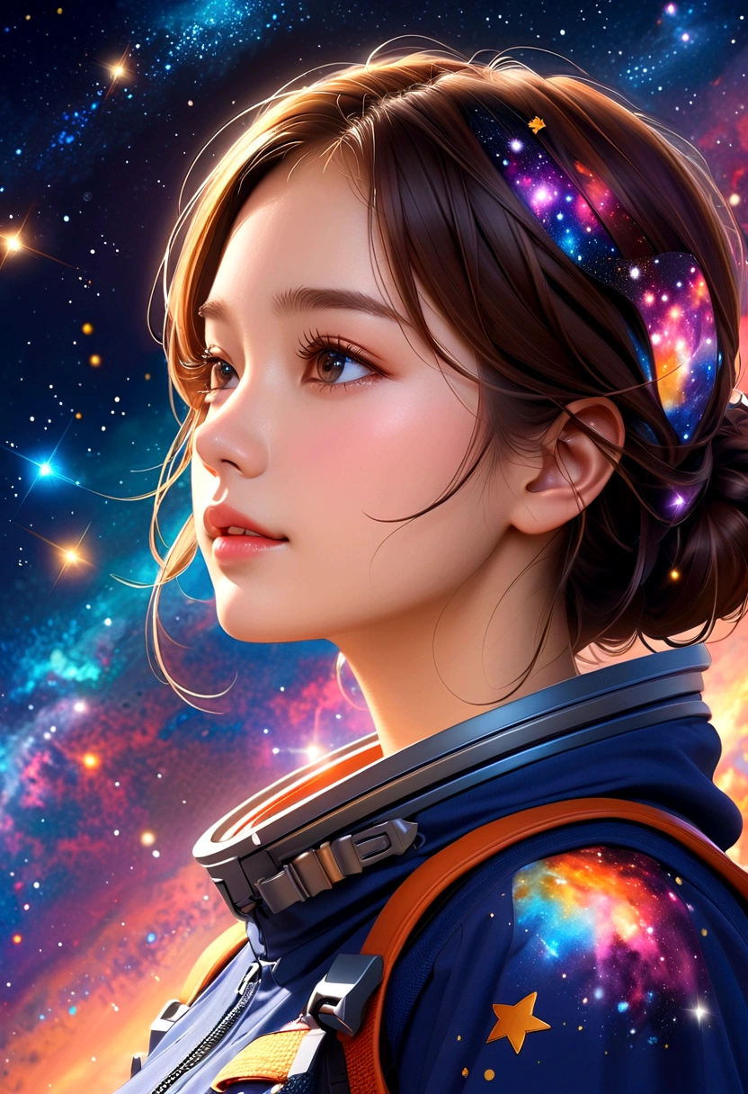 High Detail, Super Detail, Ultra-high resolution, Girl enjoying time in fantasy galaxy, Surrounded by stars, The warm light shines on her, Background is starry sky，There are colorful galaxies and galaxy clouds, Stars flew around her, Delicate face, Add a fun atmosphere , 