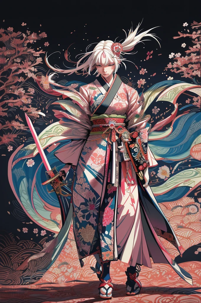 A vibrant and colorful illustration of an anime-style female samurai character with white hair, holding her sword in front of her face. She is wearing traditional Japanese adorned with floral patterns, a backdrop filled with colorful patterns representing ancient symbols and floral motifs. The background is richly detailed with geometric shapes that add depth to their figure's presence., creating a whimsical atmosphere. The background features bold colors and intricate designs that add to the overall visual appeal. This artwork showcases vivid hues, intricate details on both attire and armor, capturing movement as she walks forward in the style of intricate details on both attire and armor, capturing movement as she walks forward,  in the style of  takato yamamoto    , 