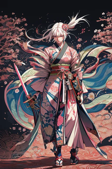 A vibrant and colorful illustration of an anime-style female samurai character with white hair, holding her sword in front of he...
