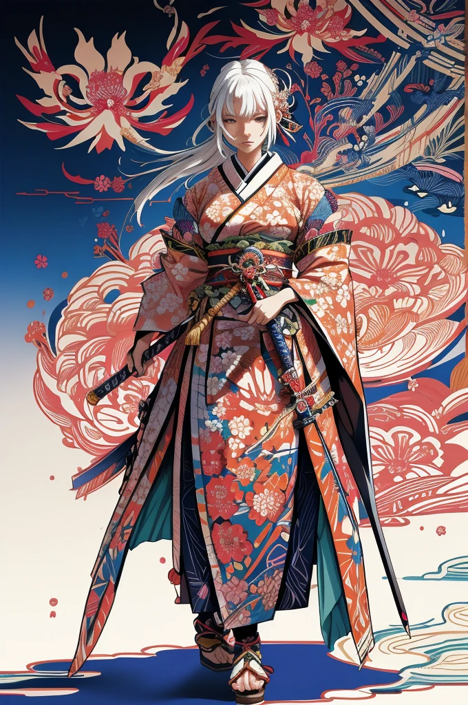 白髪のアニメ風の女性侍キャラクターの鮮やかでカラフルなイラスト, 剣を顔の前に構えて. 彼女は花柄で飾られた伝統的な日本の着物を着ています, 古代のシンボルや花のモチーフを表現したカラフルな模様で満たされた背景. 背景には幾何学的な形が豊かに描かれており、人物の存在感に深みを与えています。., 気まぐれな雰囲気を作り出す. 背景には大胆な色彩と複雑なデザインが特徴で、全体的な視覚的な魅力を高めています。. この作品は鮮やかな色彩を披露している, 衣装と鎧の両方に精巧なディテールが施されている, 彼女が前進する動きを捉える in the style of 衣装と鎧の両方に精巧なディテールが施されている, 彼女が前進する動きを捉える,  山本タカト風    , 
