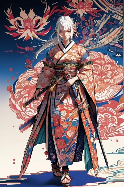 a vibrant and colorful illustration of an anime-style female samurai character with white hair, holding her sword in front of he...