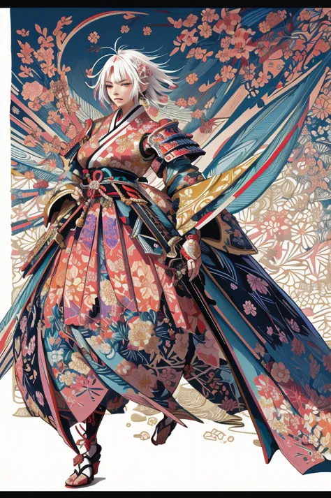 A vibrant and colorful illustration of an anime-style female samurai character with white hair, holding her sword in front of he...