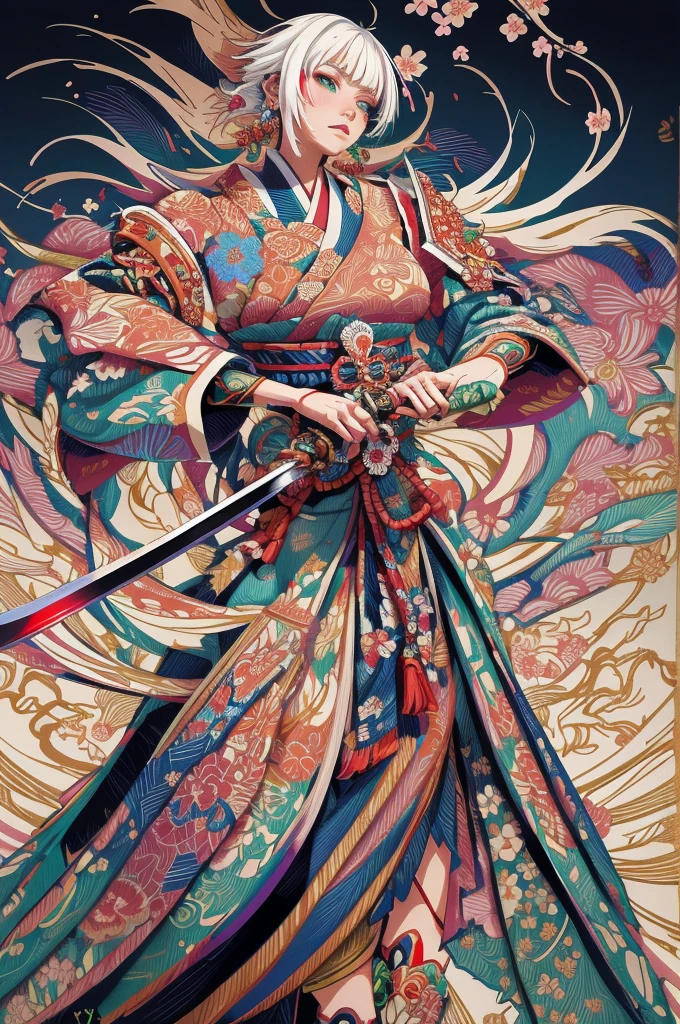 A vibrant and colorful illustration of an anime-style female samurai character with white hair, holding her sword in front of her face. She is wearing traditional Japanese adorned with floral patterns, a backdrop filled with colorful patterns representing ancient symbols and floral motifs. The background is richly detailed with geometric shapes that add depth to their figure's presence., creating a whimsical atmosphere. The background features bold colors and intricate designs that add to the overall visual appeal. This artwork showcases vivid hues, intricate details on both attire and armor, capturing movement as she walks forward in the style of intricate details on both attire and armor, capturing movement as she walks forward,  in the style of  takato yamamoto    , 