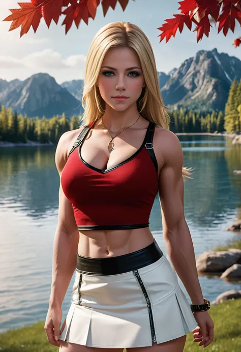 ultrarealistic, (1 girl), fully body pose, very muscular Avril Lavigne has wolf ears and a short wolf snout and wolf tail as she...