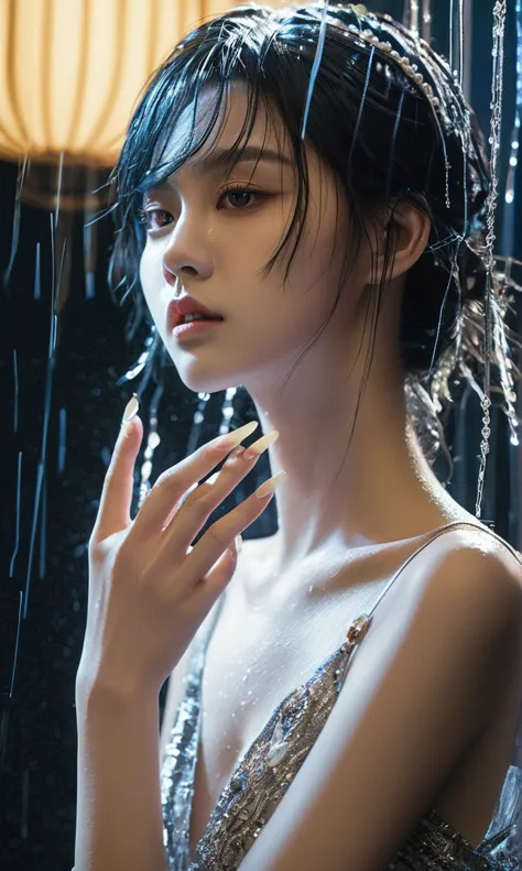 18 year old beautiful girl with monster, pearl-like eyes, extremely detailed face, heavy rain, crazy body movements, exaggerated...