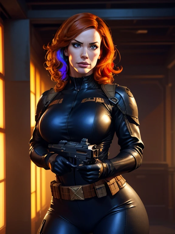 Christina Hendricks as an action hero, alluring 48 year old woman, High-quality facial research of Christina Hendricks, (Christina's sculpted cheekbones and slight wrinkles around the face), High-quality detailed research of Christina Hendricks voluptuous figure. ((aiming at the viewer with a gun)), skin-tight black leather suit, utility belt, two pistols, ((holding a handgun)), (((decent looking gun)))). Dramatic lighting,high contrast,highly saturated colors,shadows and highlights,epic artistic, sharp focus, even lighting, insane details, The 4k textures showcases the utmost level of detail, Full bodyesbian, Competitive high quality, Whole body, Casual pose, Beautiful pose, (Extremely detailed CG 8k wallpaper), (Extremely delicate and beautiful), (Masterpiece), (Best quality: 1.0), (Ultra-high resolution: 1.0), Beautiful lighting, Perfect lighting, Realistic shadows, [high resolution], Detailed skin, Super detailed (((Colorful))), Digital art, metal gear solid concept art, full body concept art, Expert concept art with high detail, concept-art，Such as Ernest Khalimov, fps game concept art, concept-art, craig mullins style, Video game concept art, 4K
