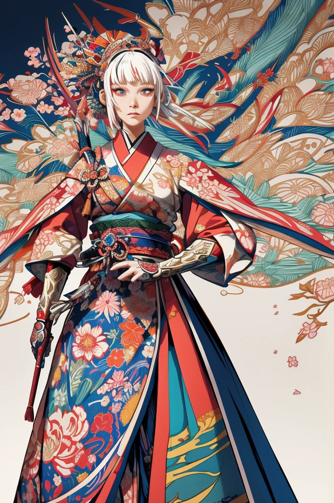 A vibrant and colorful illustration of an anime-style female samurai character with white hair, holding her sword in front of her face. She is wearing traditional Japanese adorned with floral patterns, a backdrop filled with colorful patterns representing ancient symbols and floral motifs. The background is richly detailed with geometric shapes that add depth to their figure's presence., creating a whimsical atmosphere. The background features bold colors and intricate designs that add to the overall visual appeal. This artwork showcases vivid hues, intricate details on both attire and armor, capturing movement as she walks forward in the style of intricate details on both attire and armor, capturing movement as she walks forward,  in the style of  takato yamamoto    , 