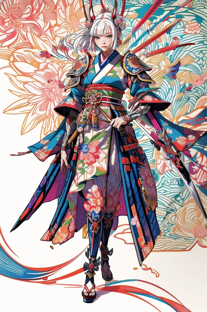 A vibrant and colorful illustration of an anime-style female samurai character with white hair, holding her sword in front of her face. She is wearing traditional Japanese adorned with floral patterns, a backdrop filled with colorful patterns representing ancient symbols and floral motifs. The background is richly detailed with geometric shapes that add depth to their figure's presence., creating a whimsical atmosphere. The background features bold colors and intricate designs that add to the overall visual appeal. This artwork showcases vivid hues, intricate details on both attire and armor, capturing movement as she walks forward in the style of intricate details on both attire and armor, capturing movement as she walks forward,  in the style of  takato yamamoto    , 