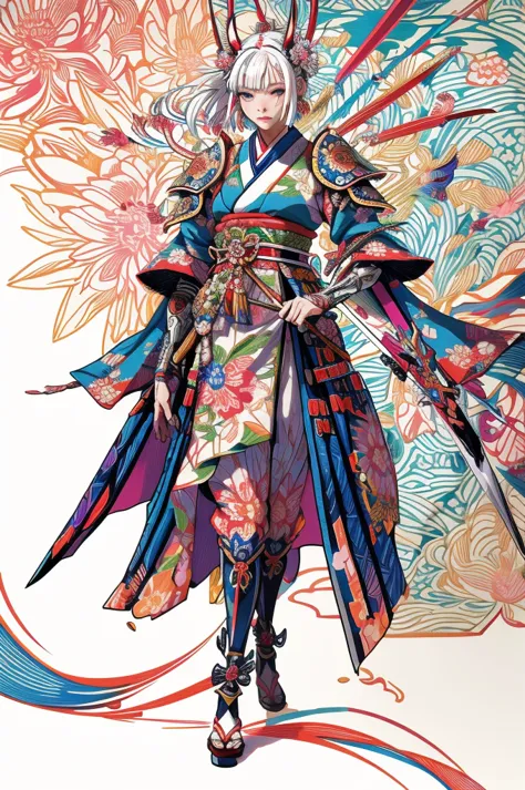 A vibrant and colorful illustration of an anime-style female samurai character with white hair, holding her sword in front of he...