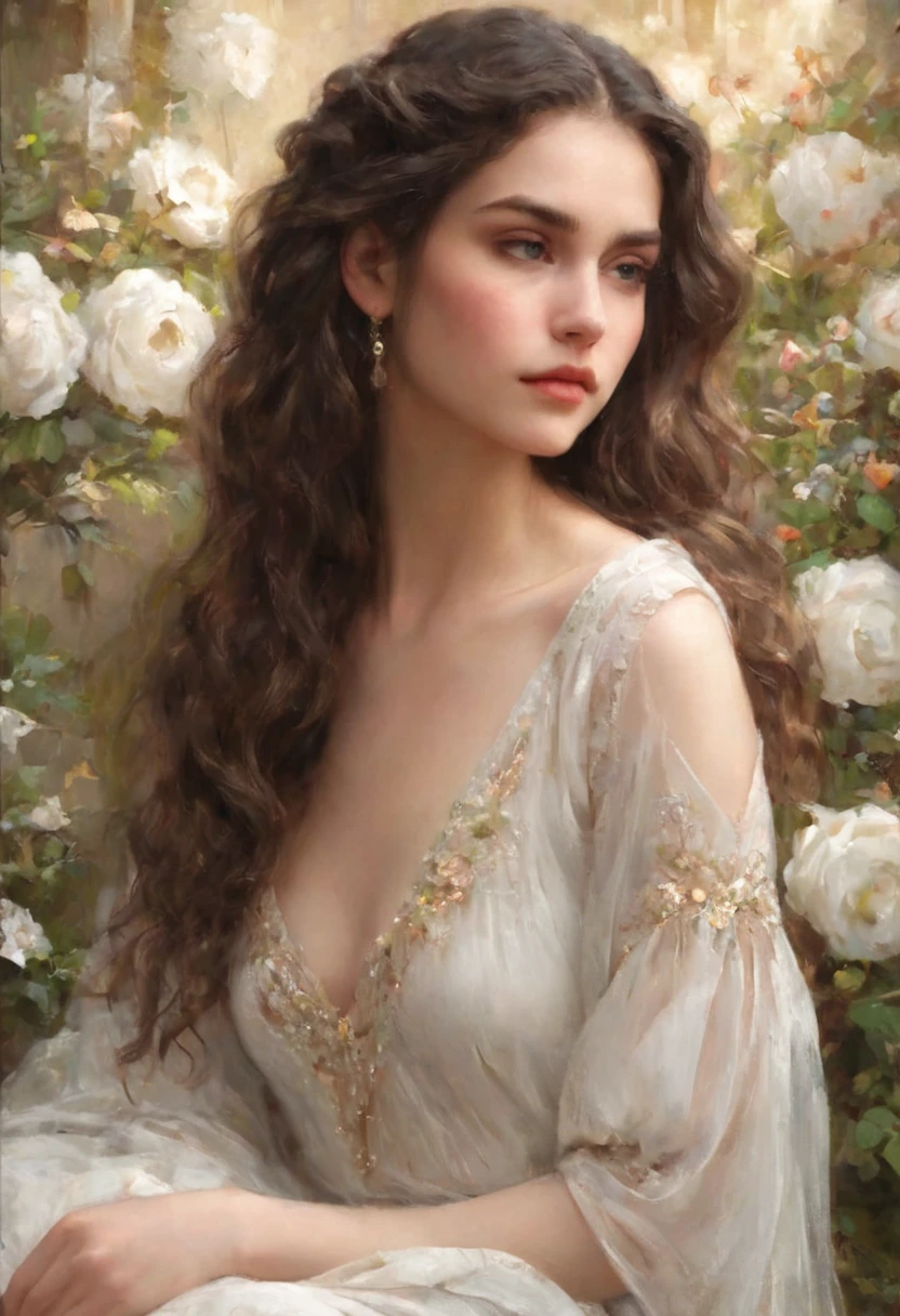 (Highest quality,4K,8K,High resolution,masterpiece:1.2),Super detailed,(Realistic,Realistic,Photorealistic:1.37),oil,Omar Layan ,Beautiful detailed girl,Shoulder-length hair,Brown Hair,Sit on a bench,Holding flowers,Klimt,many,Emil Vernons,Illustration,Shiny texture,Lush garden,Natural light,Dreamy atmosphere,Bright colors,Graceful posture,Detailed facial features,Curly Hair,Delicate brushwork,Elegant dress,Feminine elegance,Artistic interpretation,Fantasy elements,Subtle emotions,Otherworldly beauty,A melancholic look,Harmonious composition,Impressionist style,Gold accents,Gorgeous patterns,White Dress,Dresses with sheer underwear,See-through underwear,Small nipples,