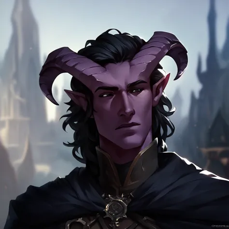 (((beautiful, high quality))), portrait, score_9, score_8_up, score_7_up, tiefling, pointed ears, horns, 1boy, dark purple skin,...