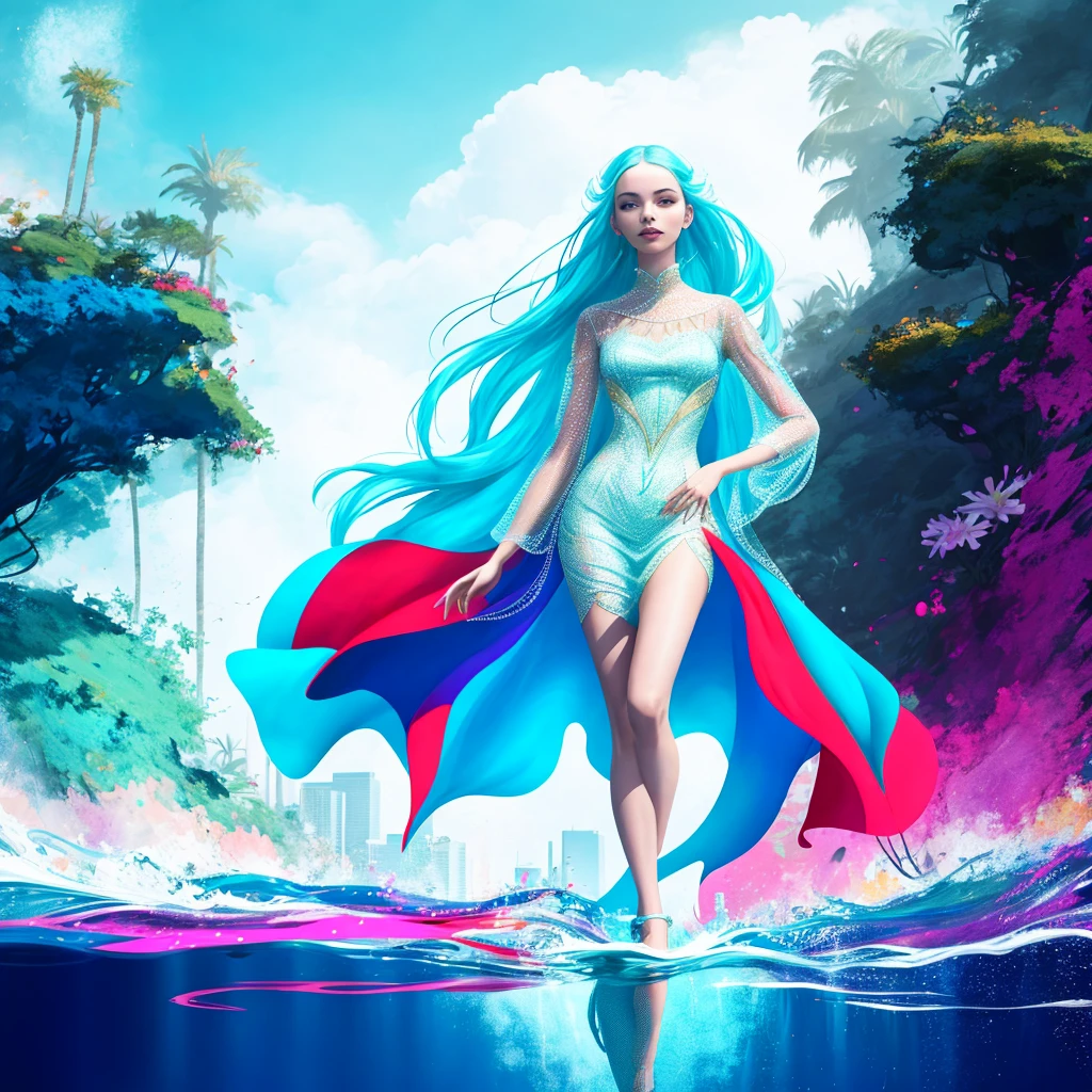 A fascinating full-body portrait of a young Venetian woman, who radiates radiant energy and whose porcelain-white skin glows gently. Her bright red and blue outfit emphasizes her slim silhouette, while she stands confidently in front of a futuristic, holographic cityscape. The minimalist white background draws the viewer’s attention to her captivating presence, while the explosion of vibrant colors in the background contrasts with the simplicity of the surroundings. The skilful use of light and shadow adds depth and dimension and creates a stunning visual masterpiece, that captures the essence of modern style.