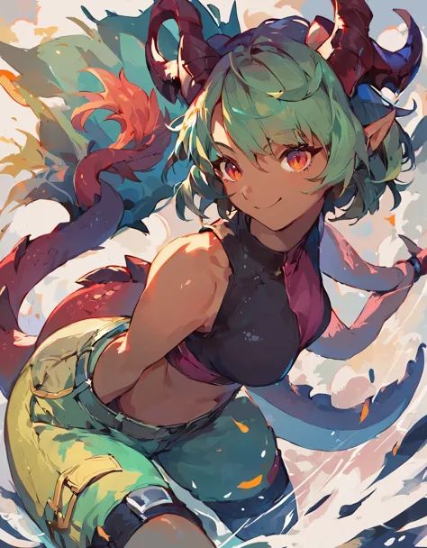 score_9,score_8_up,score_7_up,source_anime,1girl, dark skin, short hair, green hair, dragon horns, dragon tail, scales, poncho, ...