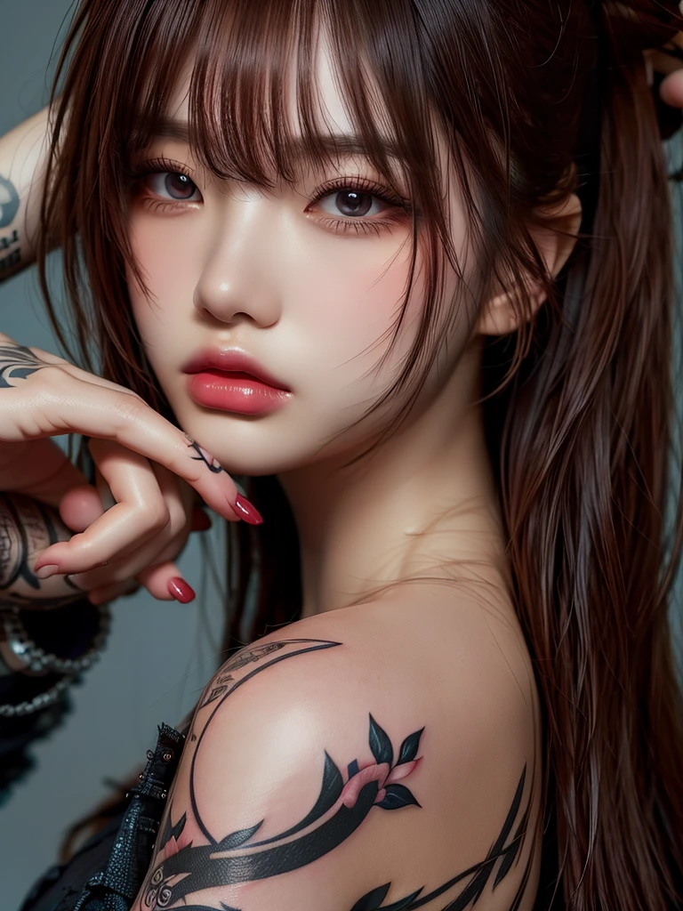 Tattoo Girl, so beautiful, Murderous, good looking, betrayal, anger, Dark Background, 8K, Dynamic Wallpapers, Very delicate, Very dark  