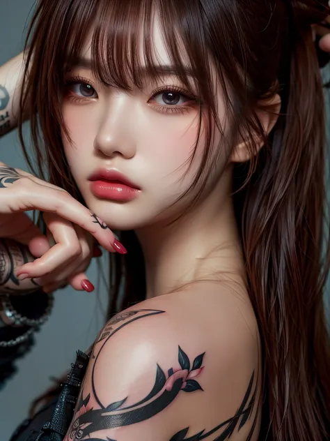 Tattoo Girl, so beautiful, Murderous, good looking, betrayal, anger, Dark Background, 8K, Dynamic Wallpapers, Very delicate, Ver...