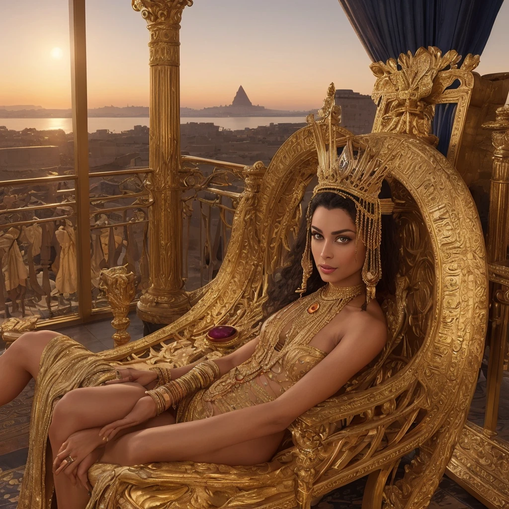 Create a stunning portrait of Queen Cleopatra, emphasizing its royalty and elegance. The scene is supposed to capture Cleopatra sitting on her golden throne, adorned with opulent Egyptian jewelry, including a golden crown encrusted with precious stones. Behind her, include a view of the Nile River with a stunning sunset, highlighting the grandeur of his empire. Utilize a rich color palette and meticulous details to reflect your majesty and power