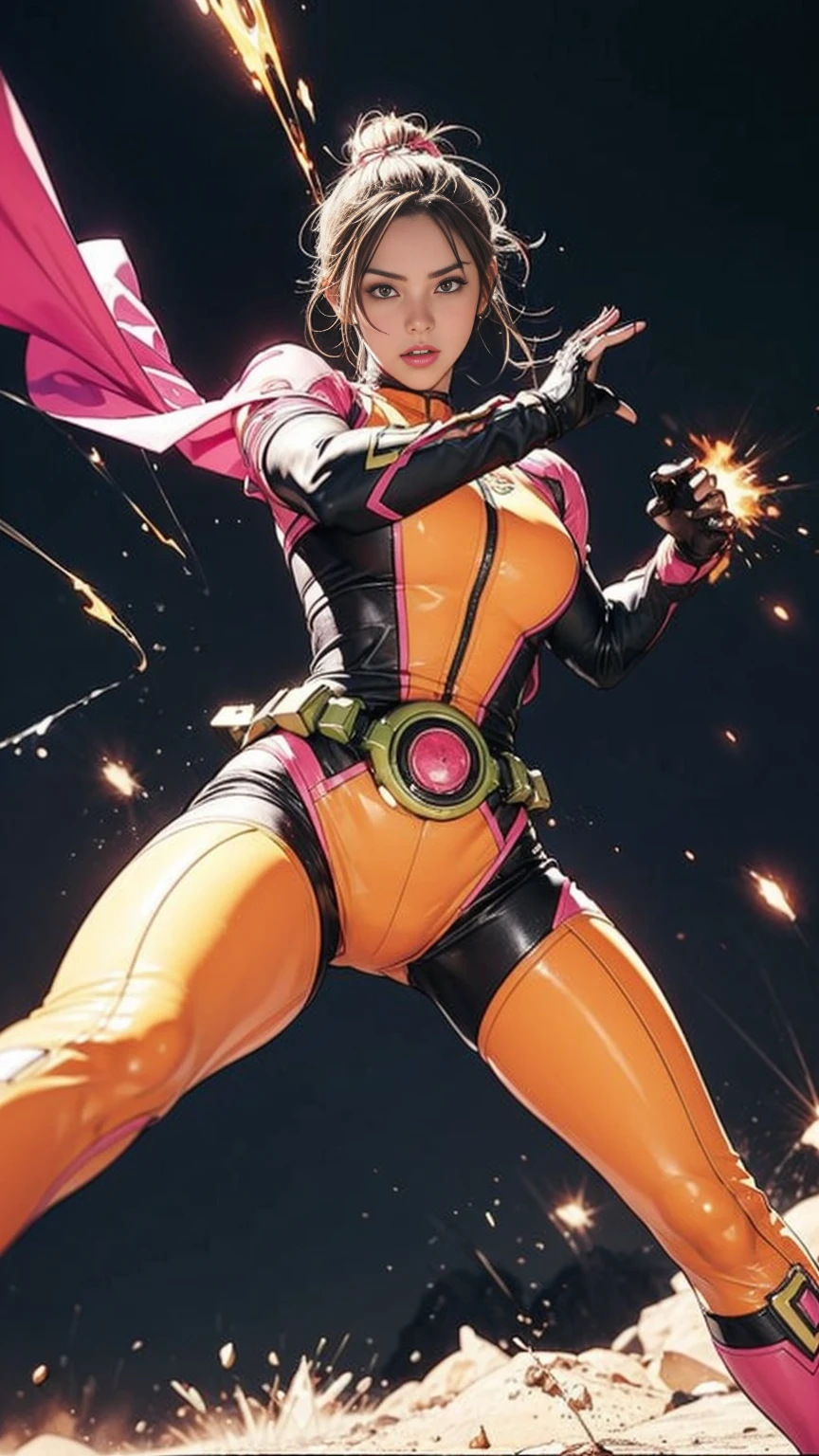 Solo, A brave and courageous image of a 6 member ranger team, Each one is decorated in vibrant colors such as:: ((Pink)), red is front of center, violet, Green, yellow, blue black, white,. Dynamic poses in a background that exudes energy and courage, neon, fire, plasma, Fluorescent, shocking, pink big bomber, splashing pink, running, fighting pose, action pose, (cape:1.5), (たなびくピンクのマフラー:1.5)、Embodying the essence of the classic Sentai superhero team. Each Ranger:: The attire is sophisticated and modern, Each color has elements that reflect its theme., Ready for action. ((Camel Toe)), weapons, in sunset background , in cinematic lighting, cover art mixed cinema poster style, 