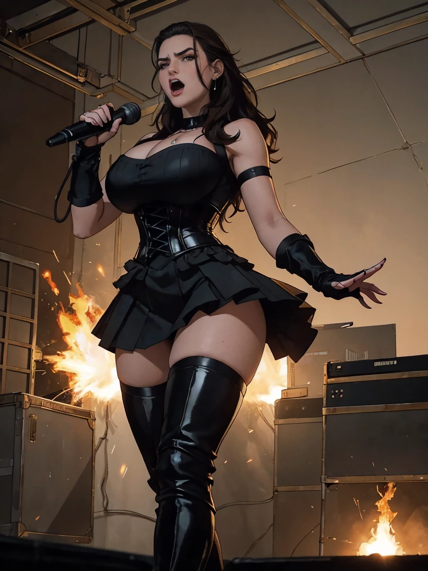 Extremely busty thin and toned brunette death metal singer, college girl, fair skin, big hair, hair pulled back, soft face, athletic, heavy makeup, piercings, black leather, studs, corset, boots, fingerless gloves, tight skirt, chains. standing on a stage, pyrotechnics, holding a microphone, metal concert. (microphone, fist in the sky), angry, rage, screaming. Heavy metal. Death metal. Explosions, fire.