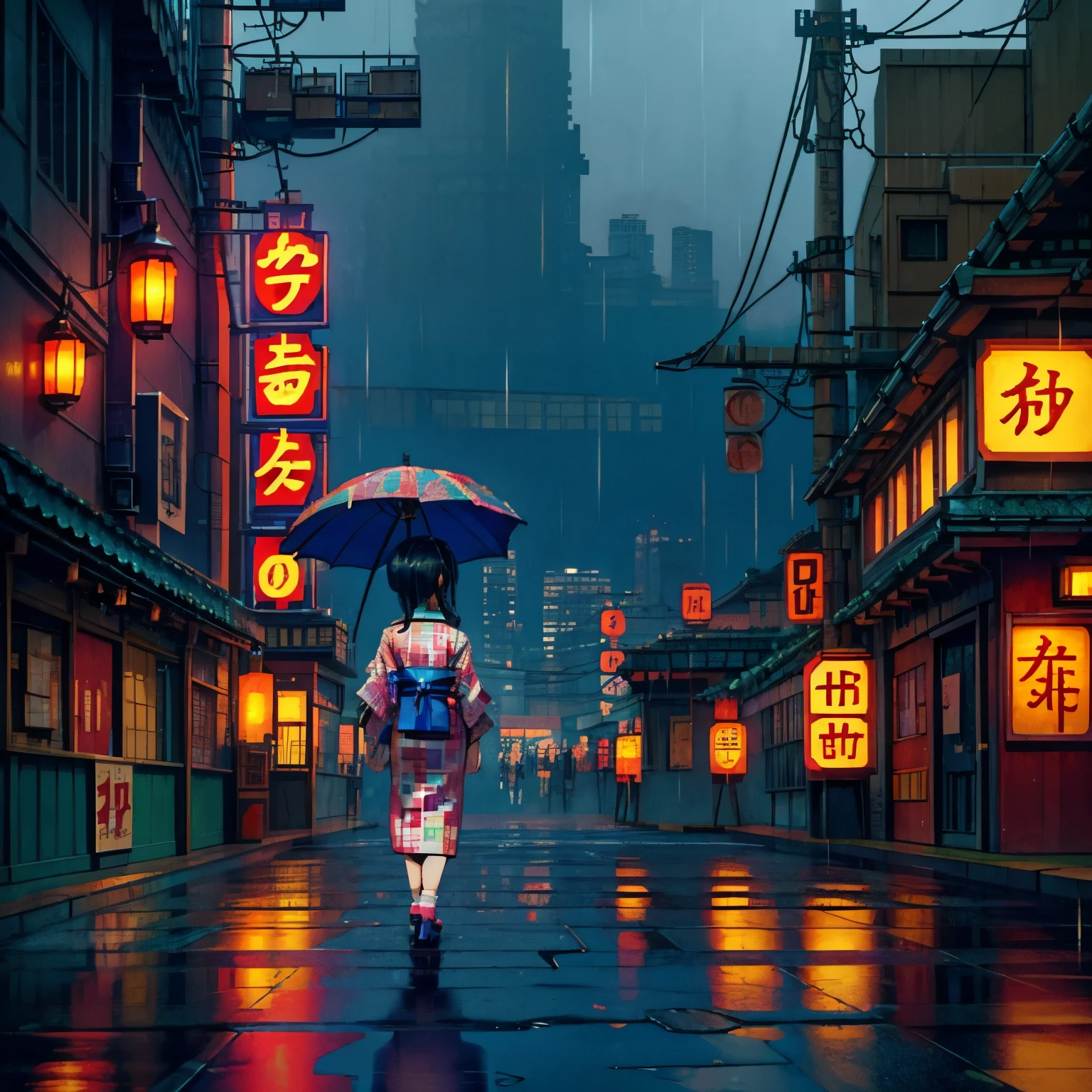 (best quality,8k,highres, masterpiece:1.2), (anime style),ultra-detailed, HDR, UHD, studio lighting, ultra-fine painting, sharp focus, physically-based rendering, extreme detail description, professional, vivid colors, bokeh, portraits, concept artists, warm color palette, dramatic lighting,rainy night,1 beautiful woman,(blue checkered pattern kimono),side view,walking japanese street,twinkled neon sign,Heavy rain, rain shining on neon signs,dark night,holding an umbrella,