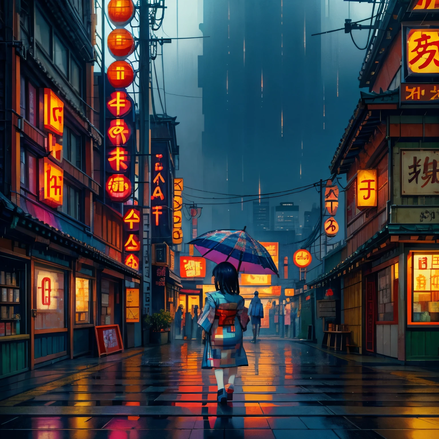 (best quality,8k,highres, masterpiece:1.2), (anime style),ultra-detailed, HDR, UHD, studio lighting, ultra-fine painting, sharp focus, physically-based rendering, extreme detail description, professional, vivid colors, bokeh, portraits, concept artists, warm color palette, dramatic lighting,rainy night,1 beautiful woman,(blue checkered pattern kimono),side view,walking japanese street,twinkled neon sign,Heavy rain, rain shining on neon signs,dark night,holding an umbrella,