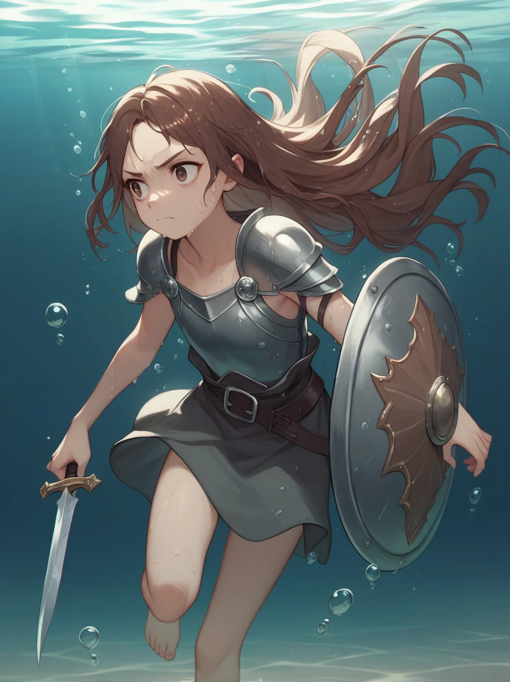 Partially underwater,最high quality,high quality, , , Long Hair, Brown Hair, Wet Hair, Flat Chest,Dark underground labyrinth,No light,Leather armor,Equipped with a dagger and a shield,Face above water,Body in water, Underwater Photography,The robe rolls up due to buoyancy,Painful face