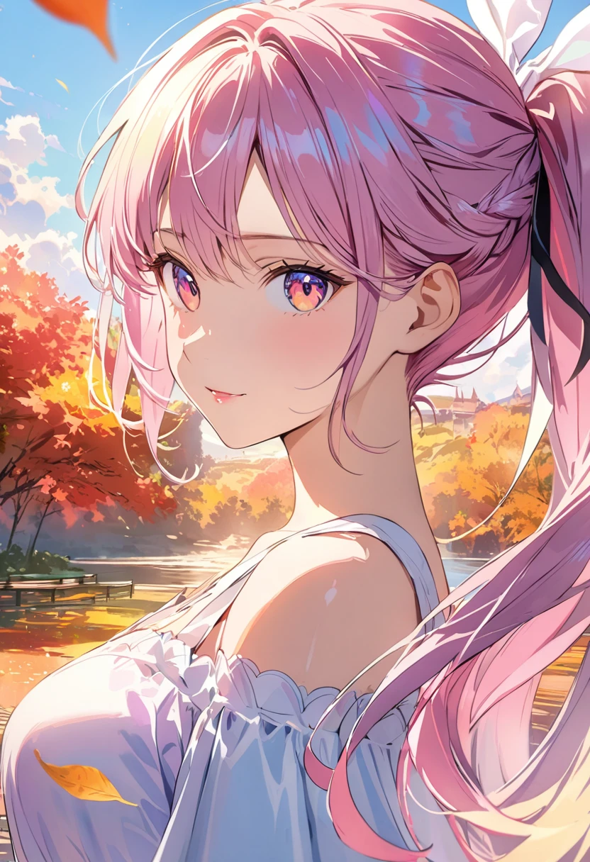 (8K, Highest quality, masterpiece:1.2),(Highest quality:1.0), (Ultra-high resolution:1.0), watercolor, Beautiful woman, shoulder, Hair Ribbon, Agnes Cecil, Half Body Portrait, Very bright and luminous design, pastel colour, (ink:1.3), Autumn Light,