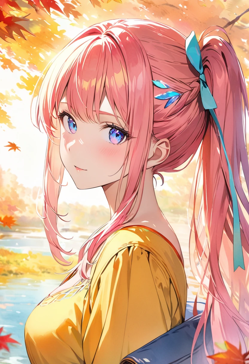 (8K, Highest quality, masterpiece:1.2),(Highest quality:1.0), (Ultra-high resolution:1.0), watercolor, Beautiful woman, shoulder, Hair Ribbon, Agnes Cecil, Half Body Portrait, Very bright and luminous design, pastel colour, (ink:1.3), Autumn Light,