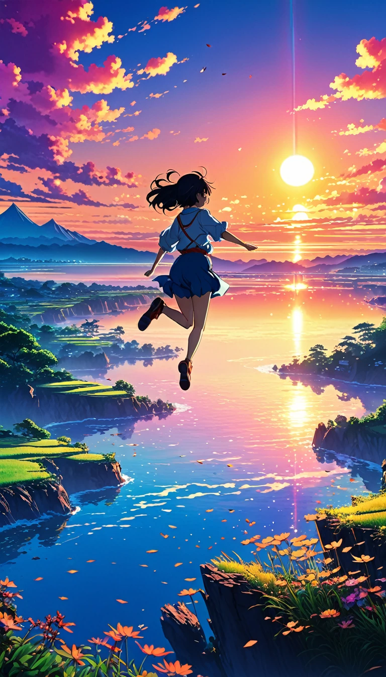 anime landscape ofThe image shows a jumping into the air at sunset, colorful,beautiful anime scene, visto de lejos, beautiful anime peace scene, Makoto Shinkai Cyril Rolando, beautiful anime scene, amazing wallpaper, anime art wallpaper 8k, anime background, artistic anime background, anime wallpaper 4k, anime art 4k wallpaper, anime wallpaper art 4k,