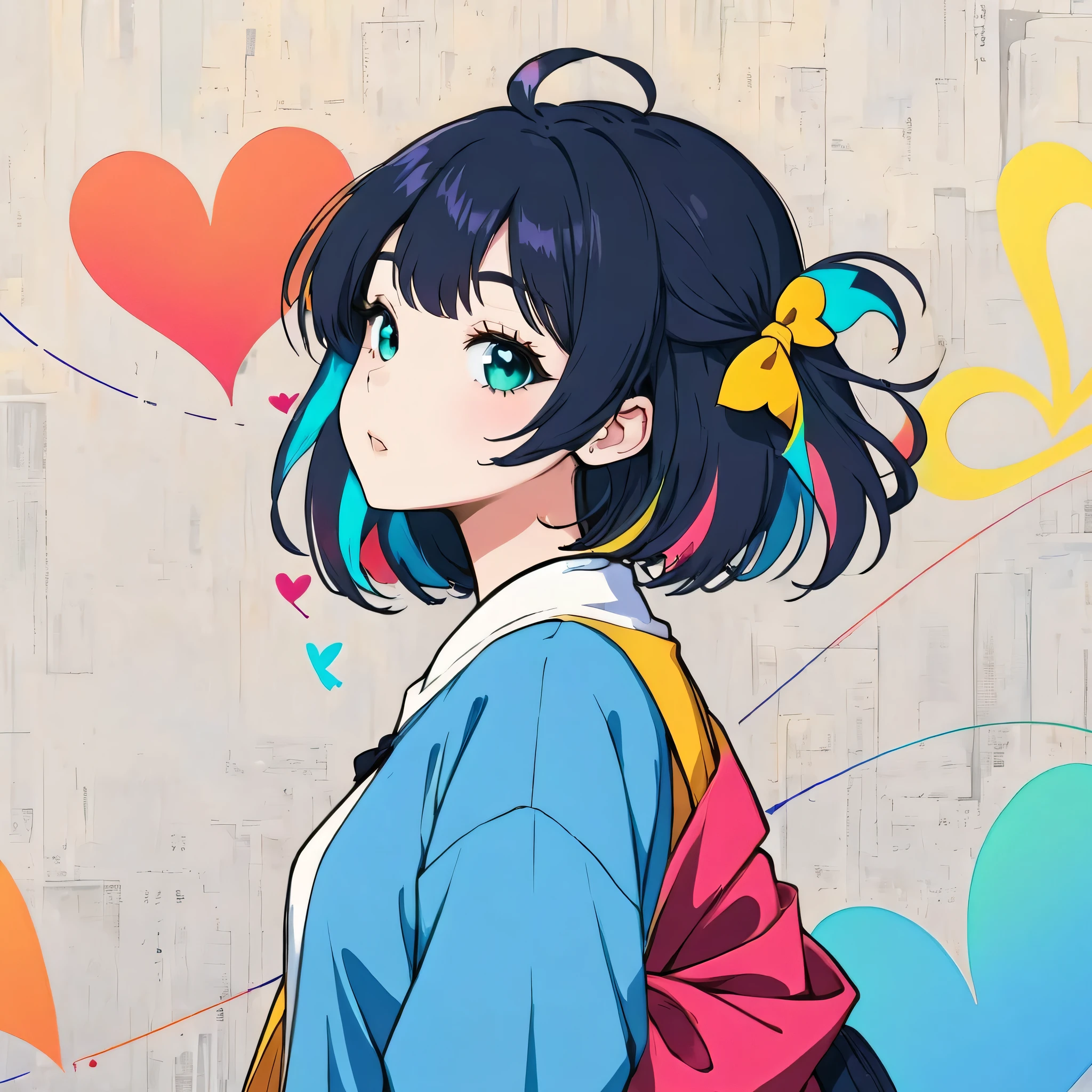 Mai Yoneyama style, Simple Line Initialism，Abstract art，Urban Background, colorful hearts ,(((The most beautiful girl of all time))),