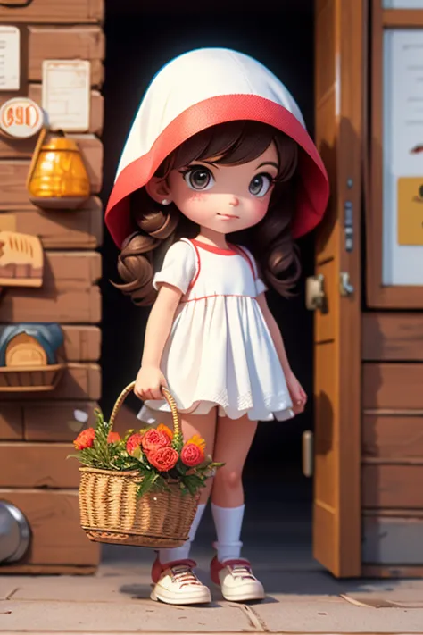 8 years old, wearing a red hood and white dress, carrying a basket.