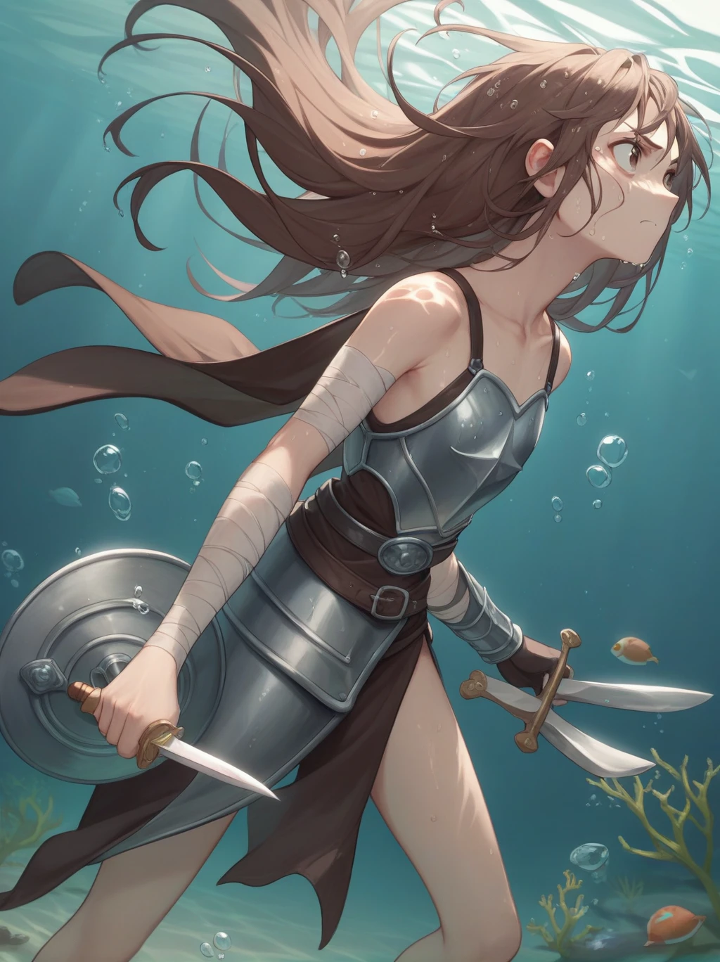 Partially underwater,最high quality,high quality, , , Long Hair, Brown Hair, Wet Hair, Flat Chest,Dark underground labyrinth,No light,Leather armor,Equipped with a dagger and a shield,Face above water,Body in water, Underwater Photography,The robe rolls up due to buoyancy,Painful face、Being dragged into the water、Go wild