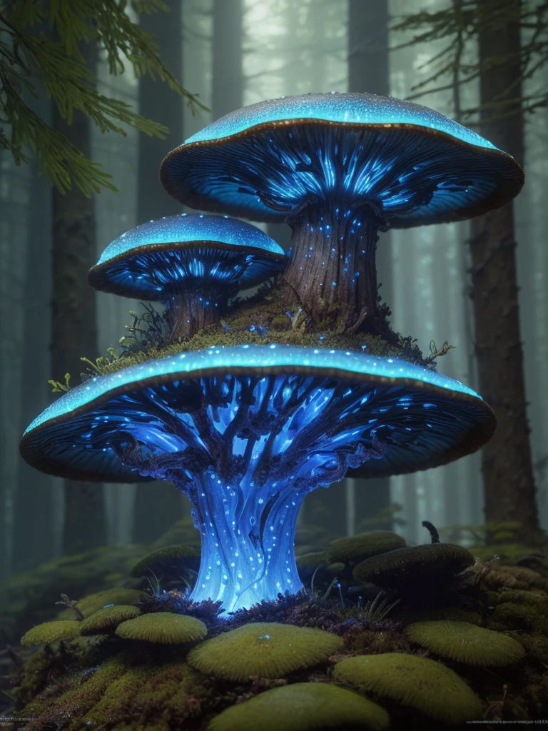 A sharp focus photo of a giant detailed bioluminescence mushroom, up close, (extremely detailed:1.3), Fantasy, octane render, zbrush. Character design, photorealistic, unreal engine, hyper-detailed, concept art, trending on art station. ((best quality)), ((masterpiece)), ((realistic)), (detailed), dark forest, (fantasy forest background illustration:1.1), style-swampmagic, style-nebmagic 