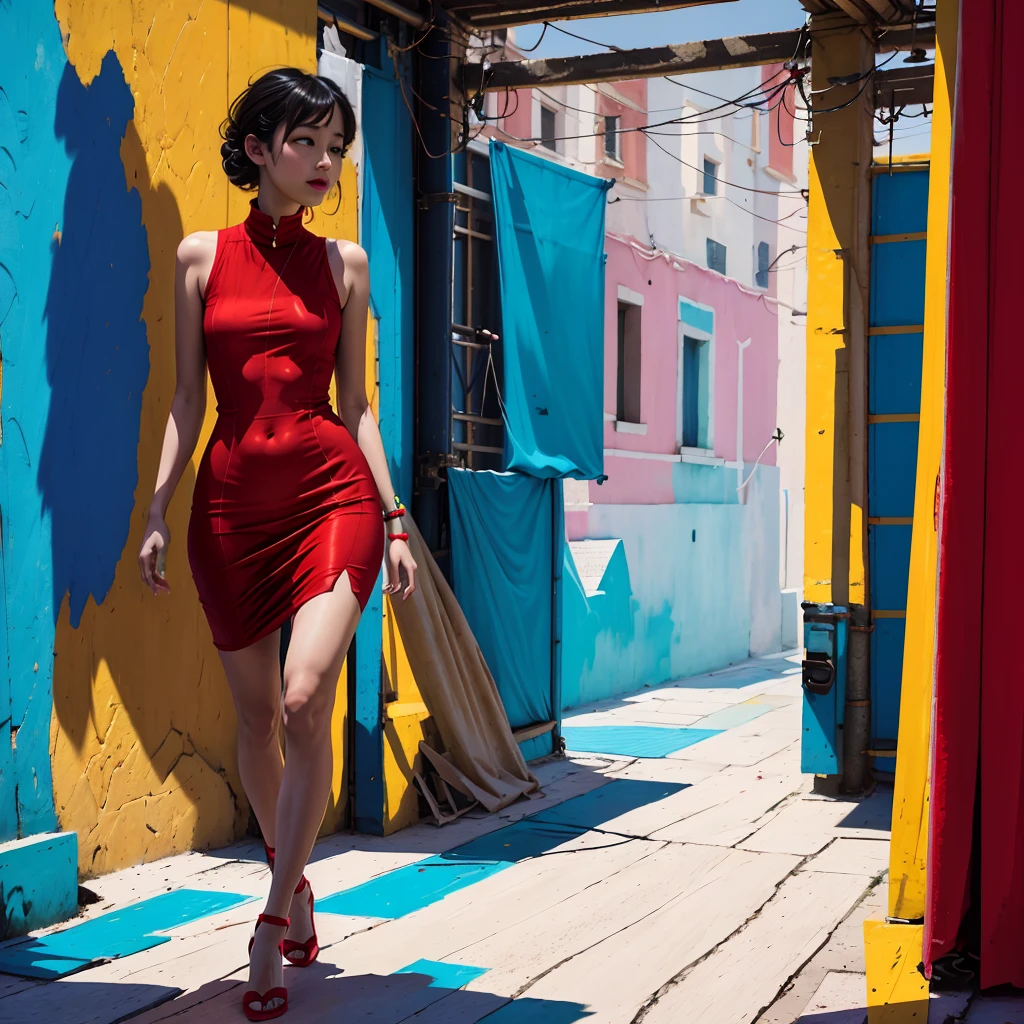 A fascinating full-body portrait of a young Venetian woman, who radiates radiant energy and whose porcelain-white skin glows gently. Her bright red and blue outfit emphasizes her slim silhouette, while she stands confidently in front of a futuristic, holographic cityscape. The minimalist white background draws the viewer’s attention to her captivating presence, while the explosion of vibrant colors in the background contrasts with the simplicity of the surroundings. The skilful use of light and shadow adds depth and dimension and creates a stunning visual masterpiece, that captures the essence of modern style.