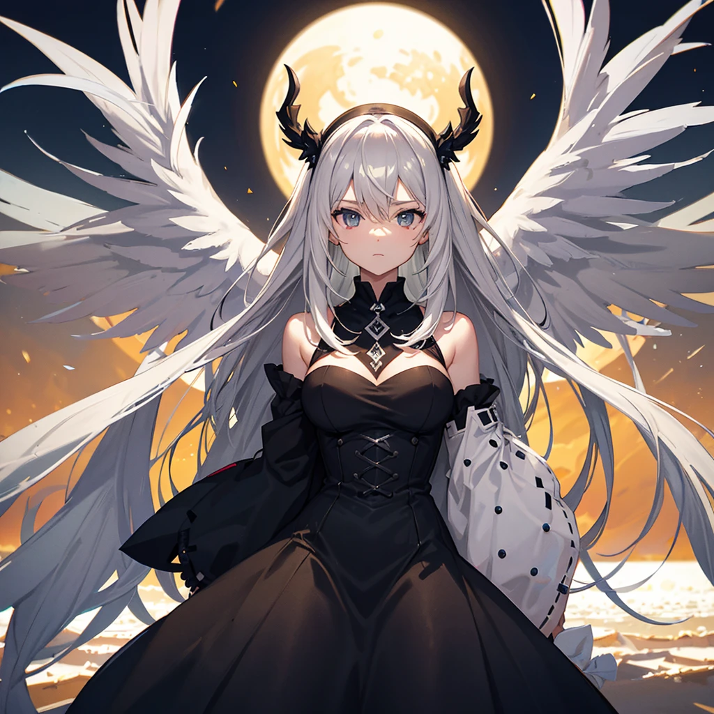 A black angel with white hair, in the middle of the desert, during an eclipse, at night, character in the center of the image