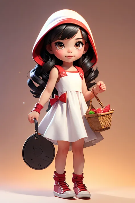 8 years old, wearing a red hood and white dress, carrying a basket.