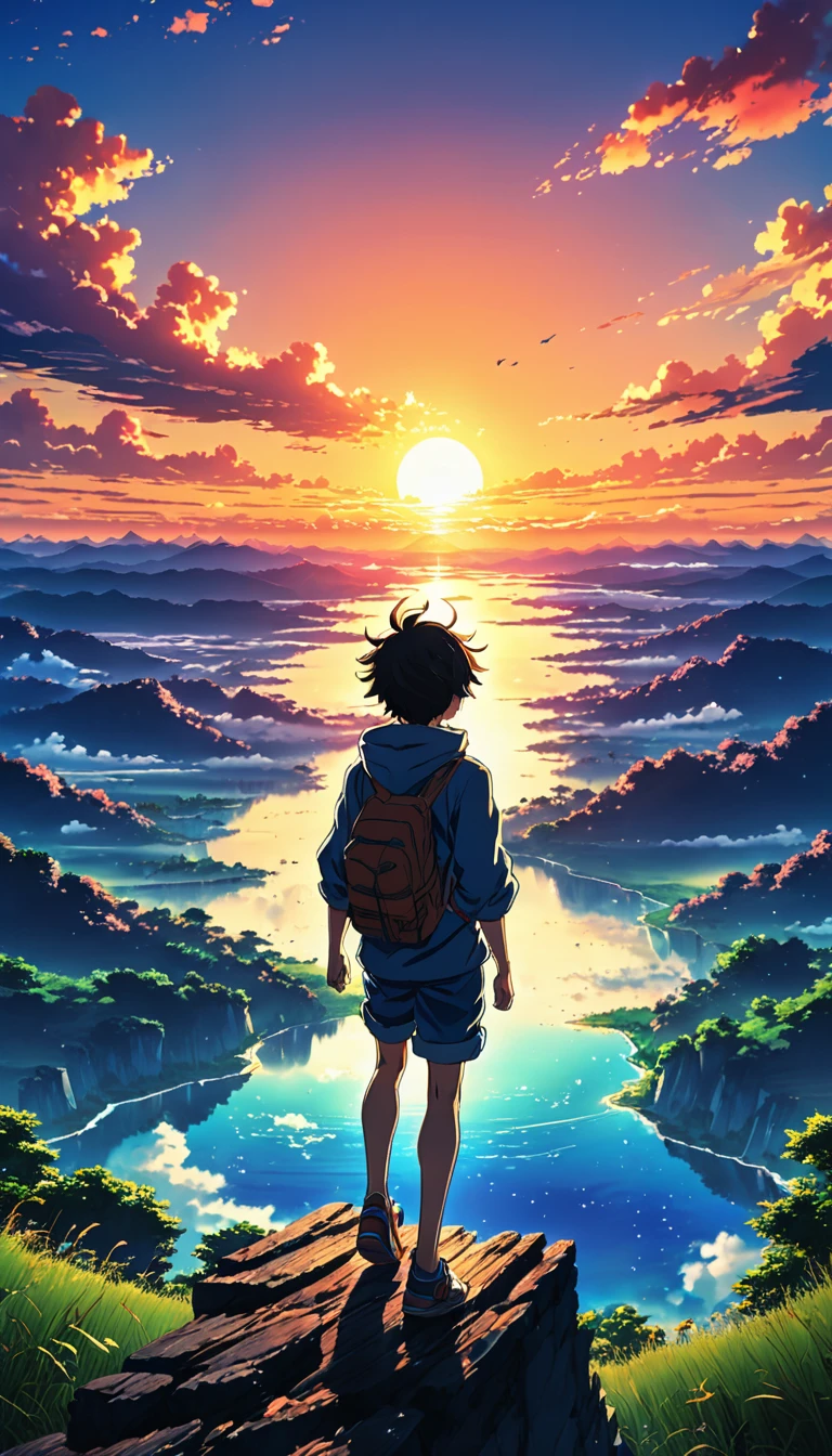 Anime landscape of The image shows a boy jumping into the void, at sunset, seen from afar, a beautiful colorful anime scene, seen from afar, a beautiful anime peace scene, Makoto Shinkai Cyril Rolando, a beautiful scene of anime, amazing wallpaper, anime art wallpaper 8k, anime background, anime art background, anime wallpaper 4k, anime art 4k wallpaper, anime art 4k wallpaper,