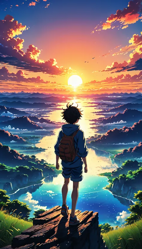 Anime landscape of The image shows a boy jumping into the void, at sunset, seen from afar, a beautiful colorful anime scene, see...
