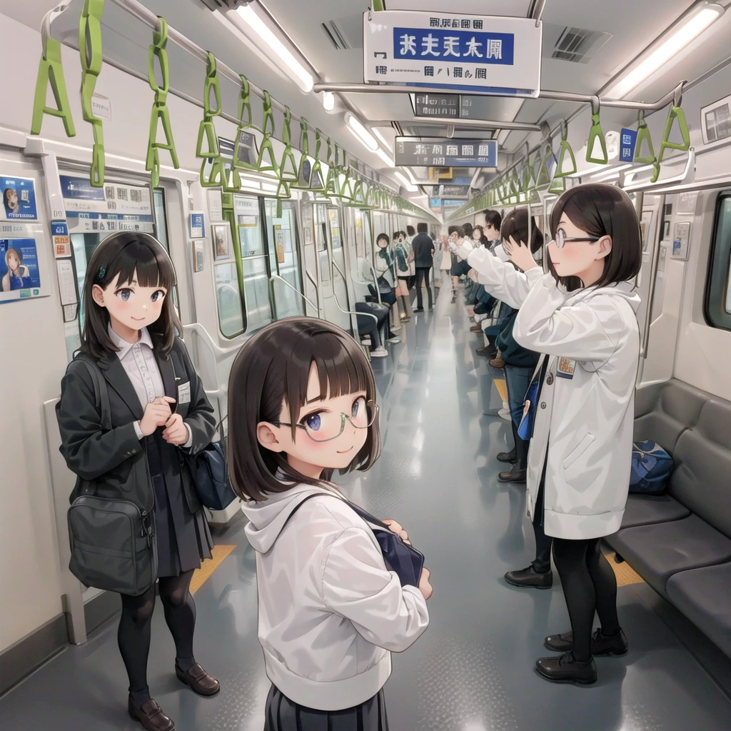 Highest quality, Very detailed, shape,
Multiple Girls, Small breasts , Black Hair, Glasses, school bag, smile, Laughter, View your audience, Crowded train、たくさんのFemale student、１male、A male stands behind a womale、A male is touching a womale's ass、
e235, Inside the train, scenery, Sheet, window, screen, Realistic, photograph background, photograph (Moderate), photographRealistic, close、maleたちに囲まれて１Female student
 