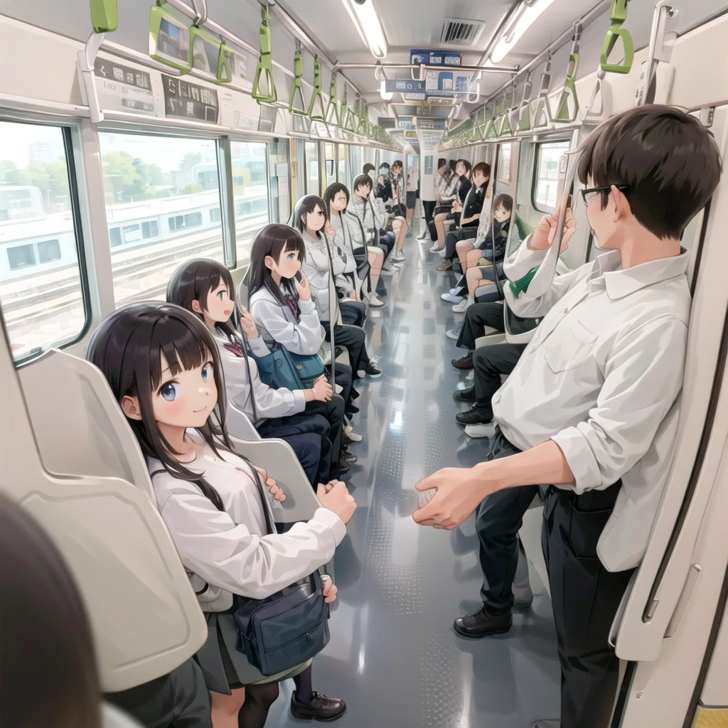 Highest quality, Very detailed, shape,
Multiple Girls, Small breasts , Black Hair, Glasses, school bag, smile, Laughter, View your audience, Crowded train、たくさんのFemale student、１male、A male stands behind a womale、A male is touching a womale's ass、
e235, Inside the train, scenery, Sheet, window, screen, Realistic, photograph background, photograph (Moderate), photographRealistic, close、maleたちに囲まれて１Female student
 