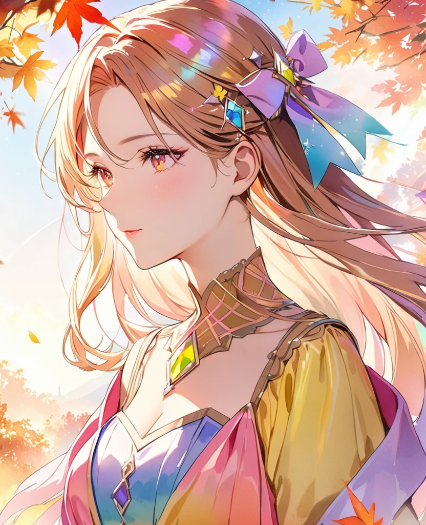 (8K, Highest quality, masterpiece:1.2),(Highest quality:1.0), (Ultra-high resolution:1.0), watercolor, Beautiful woman, shoulder, Costumes adorned with light refraction、Twinkling of the stars、Diamond Sparkle、Hair Ribbon, Agnes Cecil, Half Body Portrait, Super bright design, pastel colour, (ink:1.3), Autumn Light,