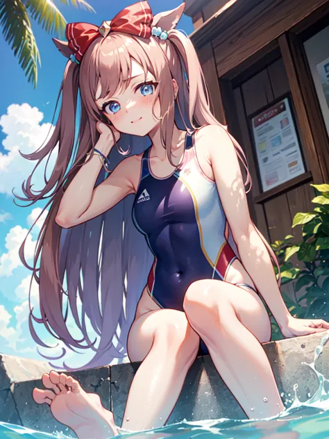 masterpiece, best quality, ultra-detailed, agnes digital \(umamusume\), ((swimsuits)), blush, sunny, sitting, from front, from b...