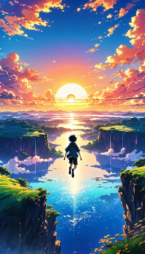 Anime landscape of The image shows a boy jumping into the void, at sunset, seen from afar, a beautiful colorful anime scene, see...