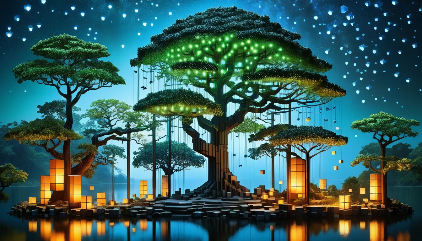 RAL-3D Cube Tree々An enchanting forest with wildlife, Surrounded by the fantastic light of fireflies ,The river flows,There are lots of small reptiles,Birds also fly