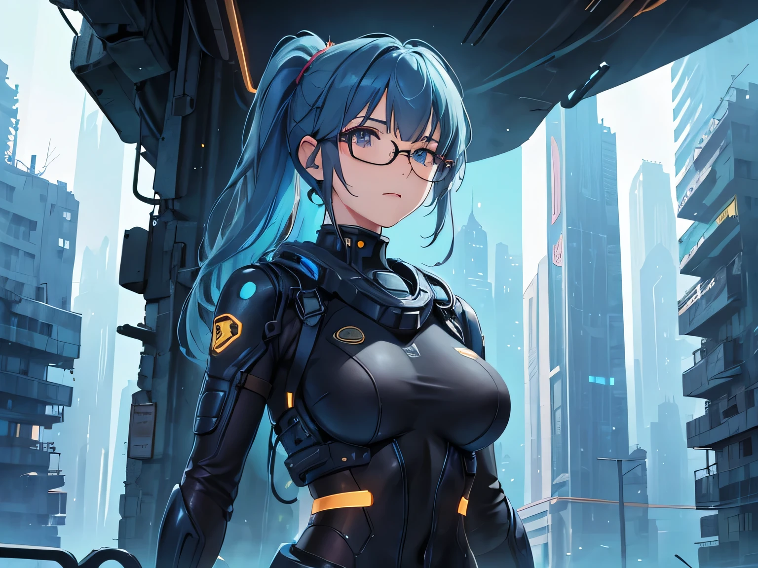 beautiful face, best quality, ultra high resnatural light, shiny skin, detailed skin, detailed face, detailed eyes, beautiful lady, blue hair, split ponytail, big hair, mole under eye, bespectacled, A scene from a science fiction movie, background(Abandoned futuristic city), a body-hugging navy metal suit, thick belt, Bust Shot
