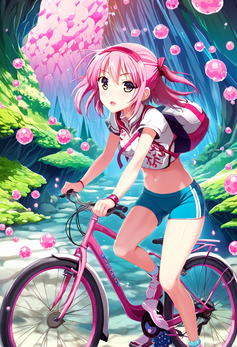 かわいいアニメの女の子が自転車に乗る, ランニングショーツ, 短い半ズボン, ピンク色の生物細胞で覆われた洞窟
