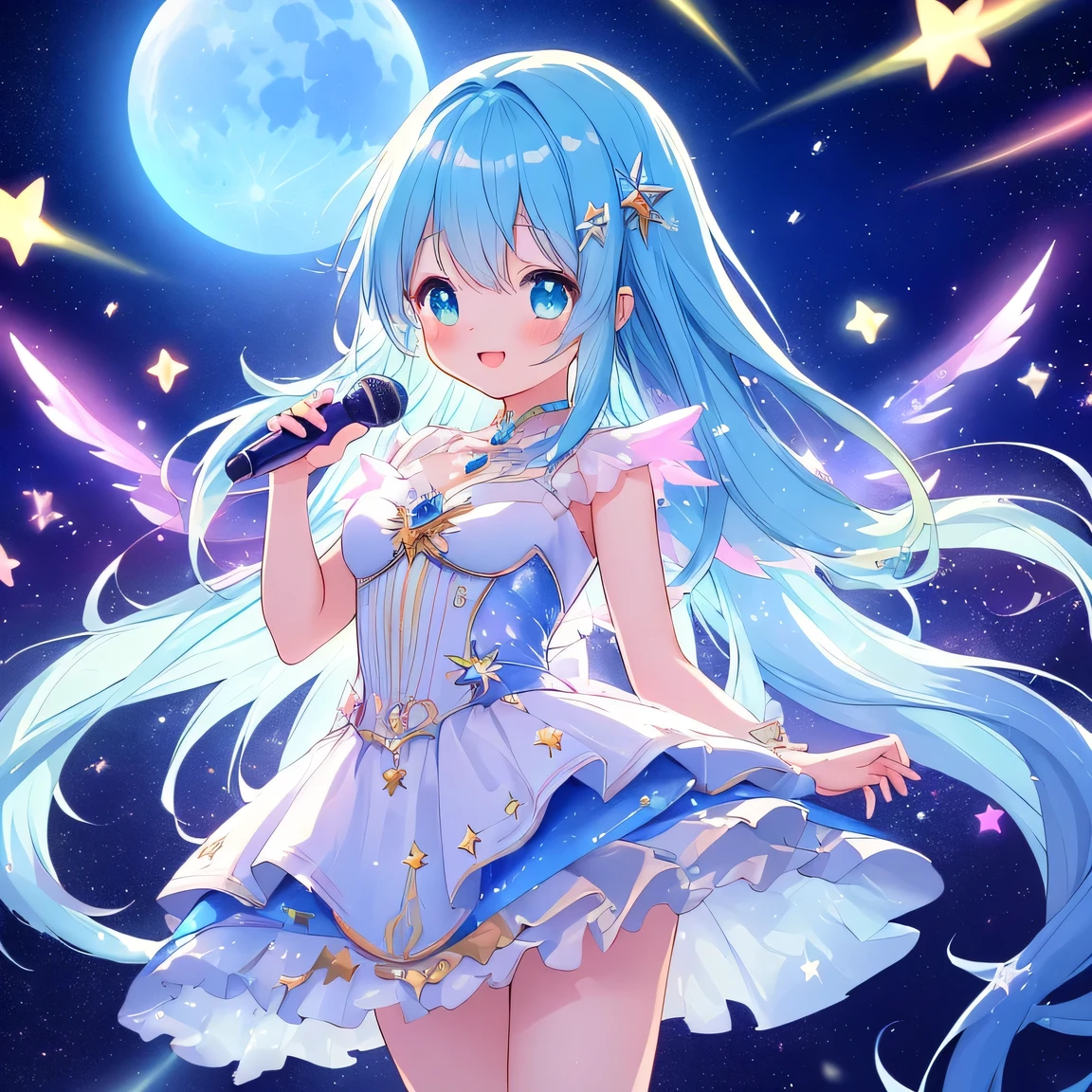 ((masterpiece)), ((best quality)), (ultra-detailed), ((kawaii)), cute, (lovely), illustration, anime style, 
galaxy, stars, stage, concert, night sky, ethereal, magical, celestial, twinkling lights, sparkling, music notes, beautiful girl, idol, microphone, futuristic, long flowing hair, vibrant colors, dazzling, fantasy, dreamlike, starry background, performing, energy, enchanting, moon, shooting stars, glowing, wings, neon lights, anime, surreal, whimsical, stardust, ethereal atmosphere, elegant dress, luminescent, floating, heavenly, otherworldly, soft glow, enchanting scene.