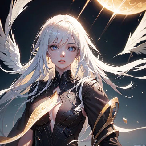 a black angel with white hair, in the middle of the desert, during an eclipse, at night, character at the center of the image, a...