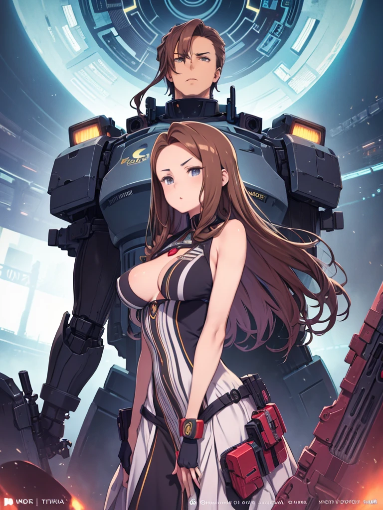 A woman in a dress stands in front of a giant robot, Don Mights, Portrait of Sofia Vergara, Promotional Art, Attractive brown haired woman, Retropunk, The protagonist in the foreground, Inspired by Louis Paul, Mechanic, Young woman anime visual, Compute Shaders, Inspired by Donato Giancola, Youtube thumbnails, Chrome Art  