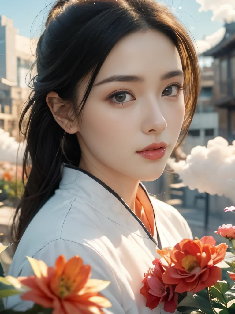 zhongfenghua, 1 Girl, only, Hanfu, antique_China_architecture, Flower Field, Floral, (White smoke:1.3) (Realistic Portraits:1.4), tangled, Mandala, twist, Official Art, Unity 8k Wallpaper, Ultra Detailed, Beautiful and beautiful, masterpiece,best quality, (Dynamic Angle:1.4), Shiny skin, (Colorful sparks floating:1) The most beautiful form of chaos, elegant, Barbarian design, Vibrant colors, Exotic romance, Depth of Field._dance, Red flowers